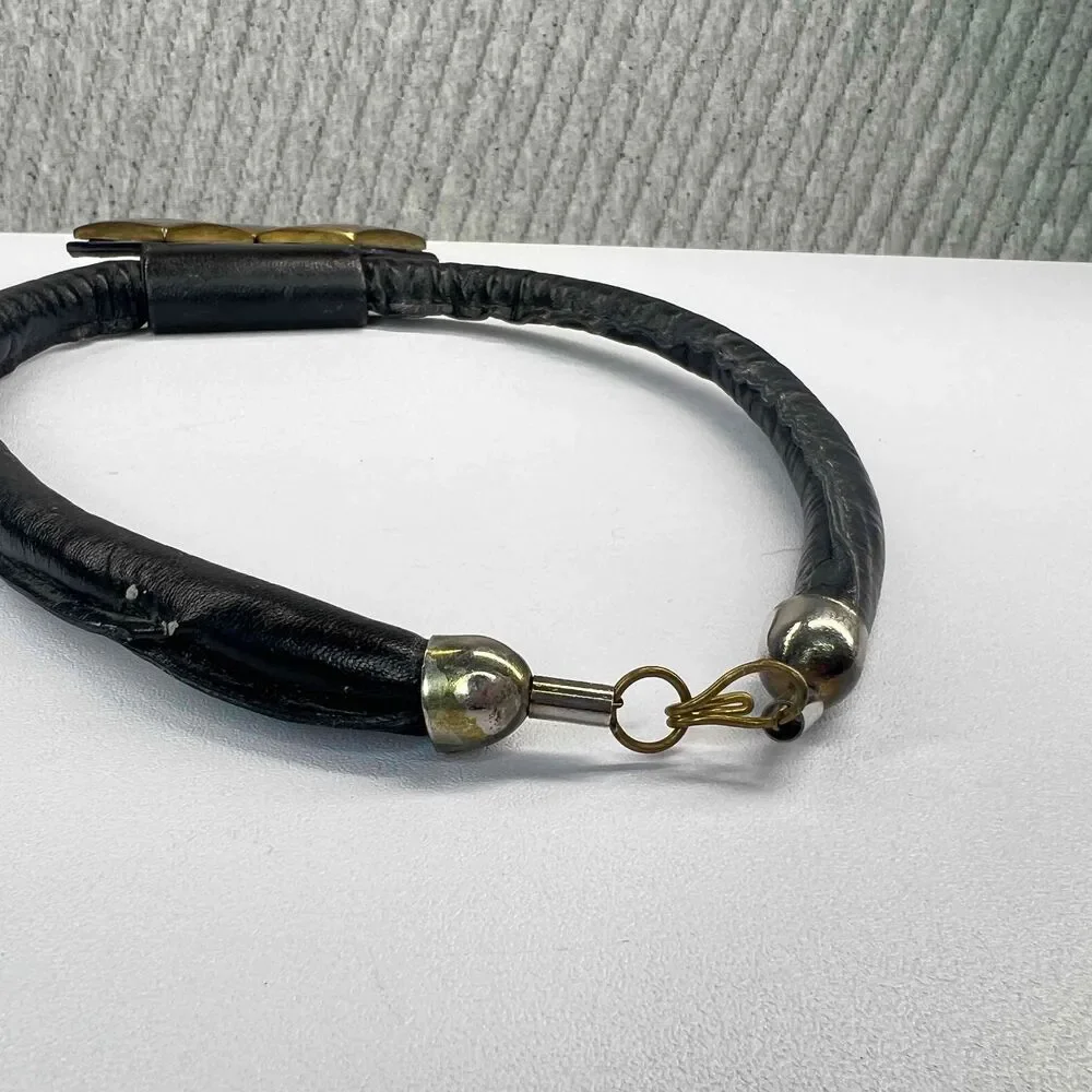 Vintage Statement Necklace Black Leather Brass Medallion Boho Hippie‎ Queen